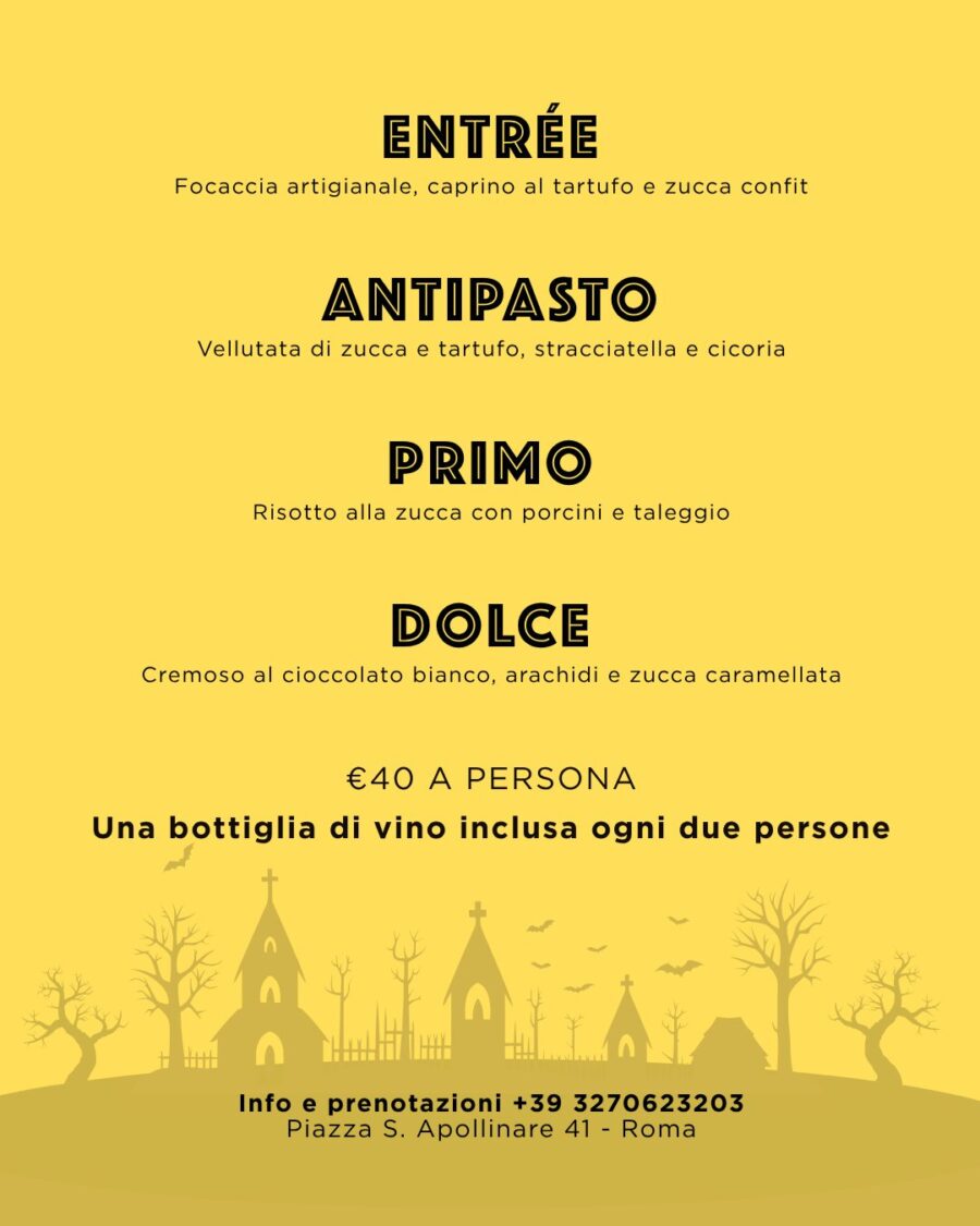Menù di Halloween da ’Gusto, 31 ottobre: entrée, antipasto, primo e dolce, 40 euro a persona con una bottiglia di vino ogni due persone